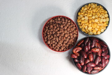 Cereals and spices on white background with copy space