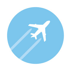White jet airplane fly up taking off in blue sky with trace or contrail silhouette flat vector icon