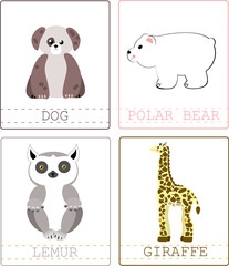 Set of four printable animal flashcards. Collection for learning English animal names. Cute cartoon. Educational game for preschool and kindergarten children. Vector illustration.