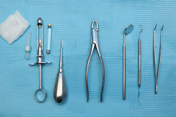 Close-up of instruments for extraction. Forceps and forceps for surgery. Surgical concept in dentistry.