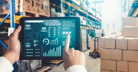 Warehouse management innovative software in computer for real time monitoring of goods package...