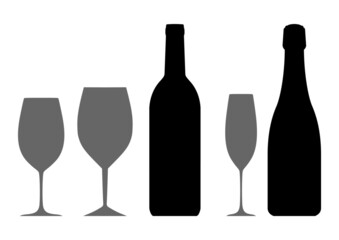 Set of wine glasses and bottles icons. (Collection of silhouette vectors of wine glasses and bottles).