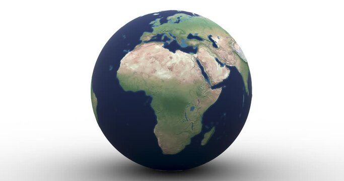 Raised relief globe drops into frame, rolls toward camera and highlights Africa. Two versions. In-file luma matte allows you to easily recolor the infinite background. Data: NASA
