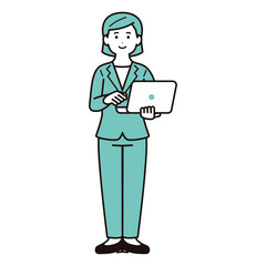 パソコンを手に持って作業しているビジネスパーソンのイラスト素材　女性　スーツ　全身