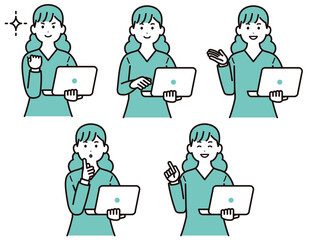 パソコンを手に持って説明しているビジネスパーソンのイラスト素材　女性　私服　ポーズのバリエーション