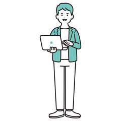 パソコンを手に持って作業しているビジネスパーソンのイラスト素材　男性　私服　全身