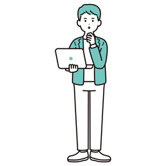 パソコンを手に持って考えるビジネスパーソンのイラスト素材　男性　私服　全身