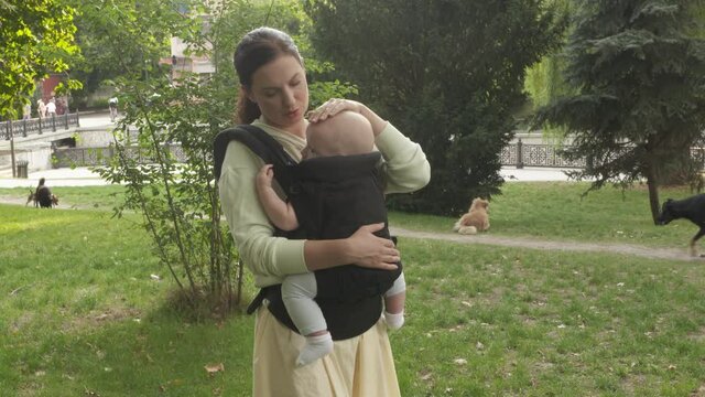Mother carrying adorable little baby with ergonomic infant kid carrier and walking in public park, six month old baby boy in baby hipseat sling on a walk outdoors. High quality 4k footage