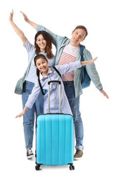 Happy Family With Luggage On White Background. Concept Of Tourism