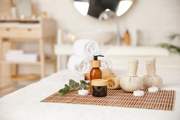 Beautiful spa composition on couch in salon