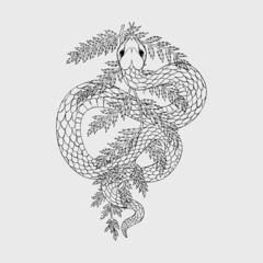 Snake in a fern leaf Vector detailed illustration Tattoo sketch Attributes of witchcraft voodoo occult Vintage black and white retro illustration hand drawn ink Dark art illustration