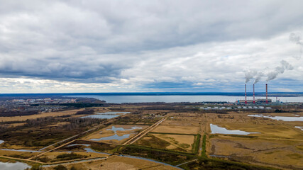 Aerial view of modern combined heat and power plant. Modern large thermal power plant. Industry concept.
