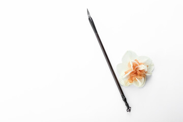 Calligraphic brush and flower on white background