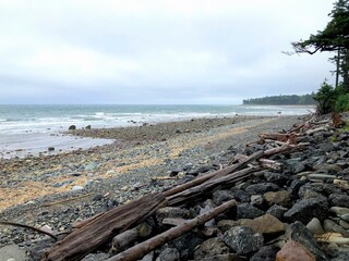 The beautiful beaches along the east coast of Haida Gwaii outside of Skidegate, with endless rocky...