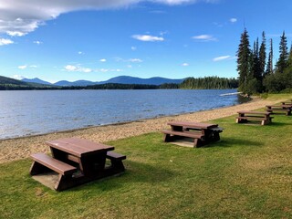 A beautiful location for a picnic with rows of picnic tables along a sandy beach overlooking a...