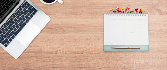 Top view desk or top view table or wooden office desk flat lay background with computer laptop and office equipment for work area copy space and education school concepts.