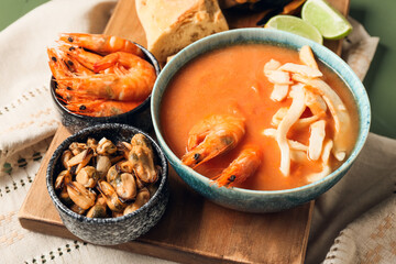 Bowl of tasty Cacciucco soup and ingredients on table