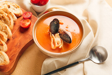 Bowl of tasty Cacciucco soup on color background