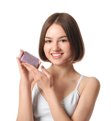 Beautiful young woman with soap on white background