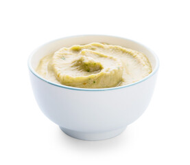 Bowl with delicious baba ghanoush on white background