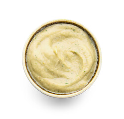 Bowl with tasty baba ghanoush on white background, top view