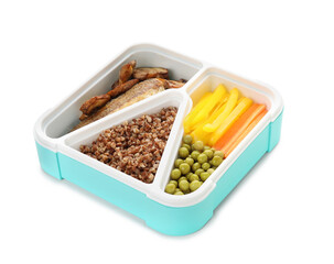 Container with delicious healthy food on white background