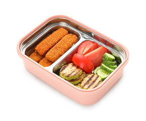 Container with fish fingers and vegetables on white background