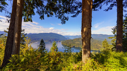 Stunning view from Burnaby Mountain Park, BC, of pristine Burrard Inlet and up Indian Arm to distant mountains