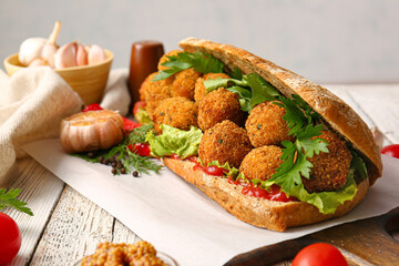 Board with bread and tasty cod cutlets on table, closeup