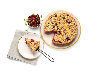 Composition with tasty cherry pie on white background