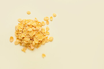 Heap of tasty cornflakes on color background