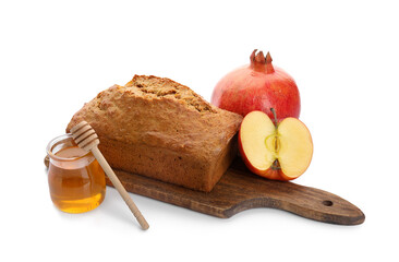 Bread with honey, pomegranate and apple on white background. Rosh hashanah (Jewish New Year)...