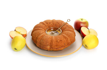 Bread with honey and apples on white background. Rosh hashanah (Jewish New Year) celebration