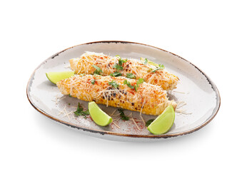 Plate with tasty Elote Mexican Street Corn on white background