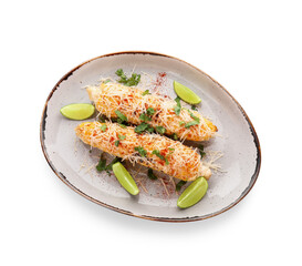 Plate with tasty Elote Mexican Street Corn on white background