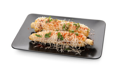 Plate with tasty Elote Mexican Street Corn on white background