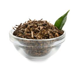 Bowl of dry hojicha green tea on white background