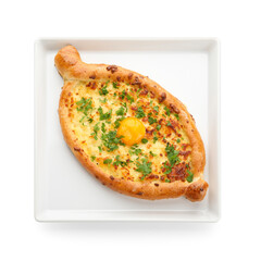 Plate with tasty Ajarian khachapuri on white background