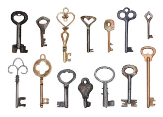 Watercolor collection of keys in vintage style isolated on white background. Vintage illustration for scrapbooking, stickers, decor.