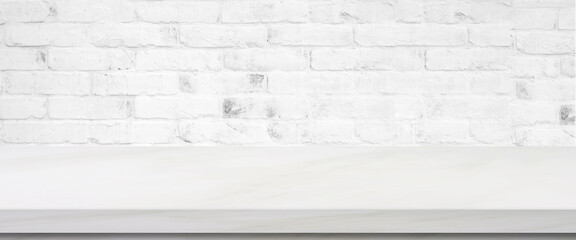 Perspective marble table surface background, Grey and white marble table top for kitchen product display background, Empty desk, shelf, counter and white wall for food and store backdrop, template
