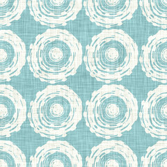 Aegean teal mottled rustic circle linen texture background. Summer dotted coastal living style. Light turquoise blue cloth effect textile seamless pattern. Washed out beach cottage fabric material. 