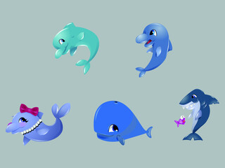 Obraz premium Pack of Big Fish Characters Cute Vector
