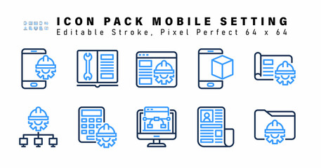 Icon Set of Mobile Setting Two Color Icons. Contains such Icons as Business Scheme, Automated Solution, Calculator, Pen Tool etc. Editable Stroke. 64 x 64 Pixel Perfect