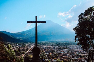 View of cross and Volcan Agua in Antigua Guatemala