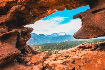 View of Pikes Peak through Garden of the Gods rock formation