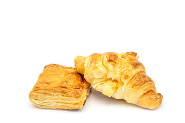 Ham cheese croissant and chicken pie isolated on white background.