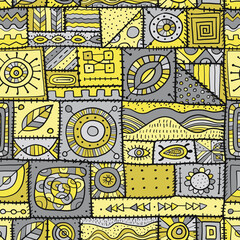 Sewn pieces of fabric in a patchwork style. Ethnic Ornament for your design. Seamless pattern