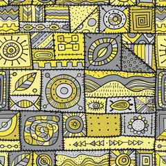 Cercles muraux Jaune Pièces de tissu cousues dans un style patchwork. Ornement ethnique pour votre conception. Modèle sans couture