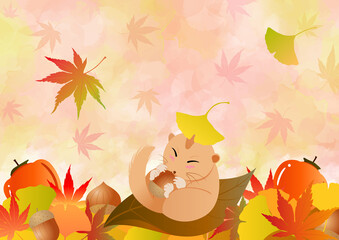 秋の背景と、落ち葉の中でどんぐりを持って眠るヤマネ