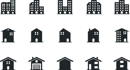 Set of 15 building icons, such as house or home city, apartment, condominium, town, real estate, Property architecture residential .Design symbols Icon for web Vector Line. Editable Stroke. Elements 